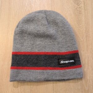 Snap-on Tools Beanie Grey Knit Fleece Lined Hat Red Black Stripe Skater Grunge